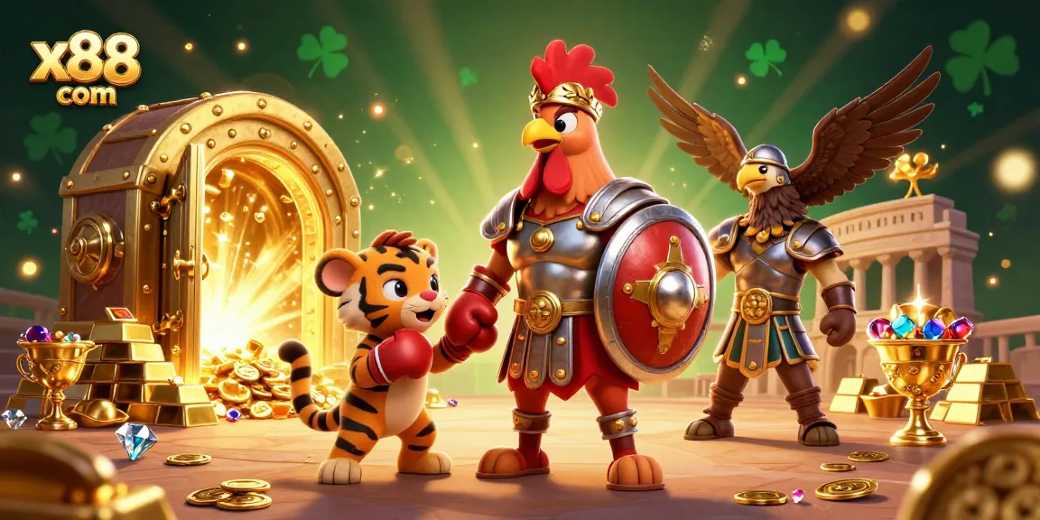Engage in thrilling gameplay at x88 com with a vibrant 3D scene featuring a gladiator rooster and treasure.