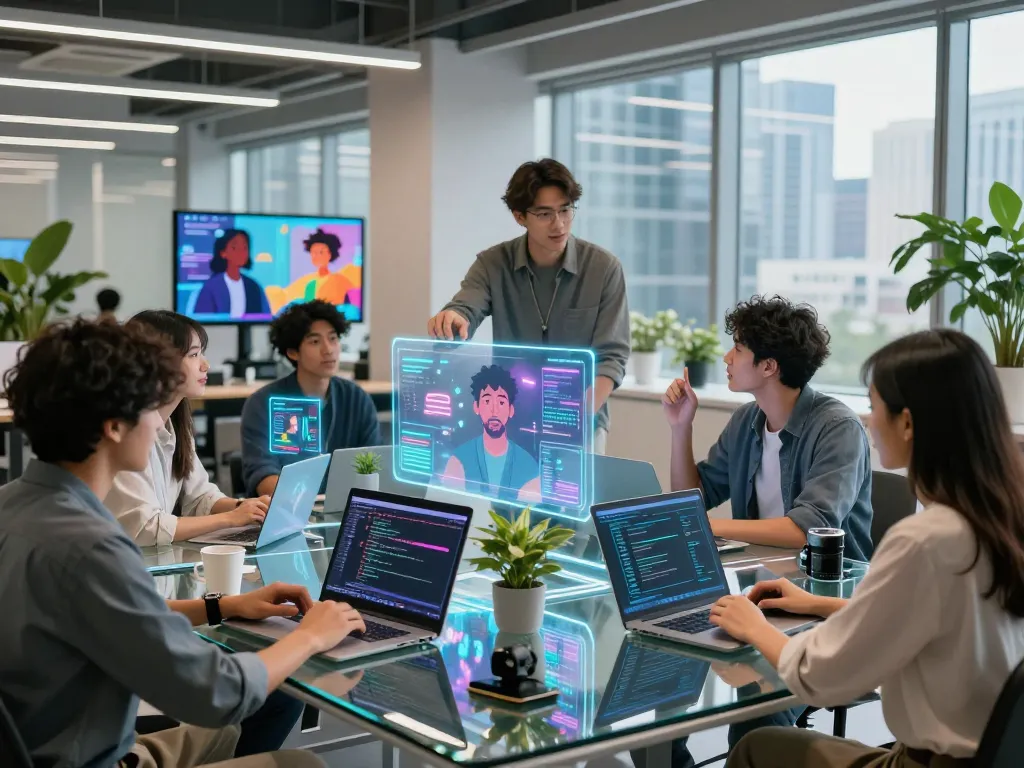 Diverse professionals engaging with juicy ai holograms in a modern tech workspace