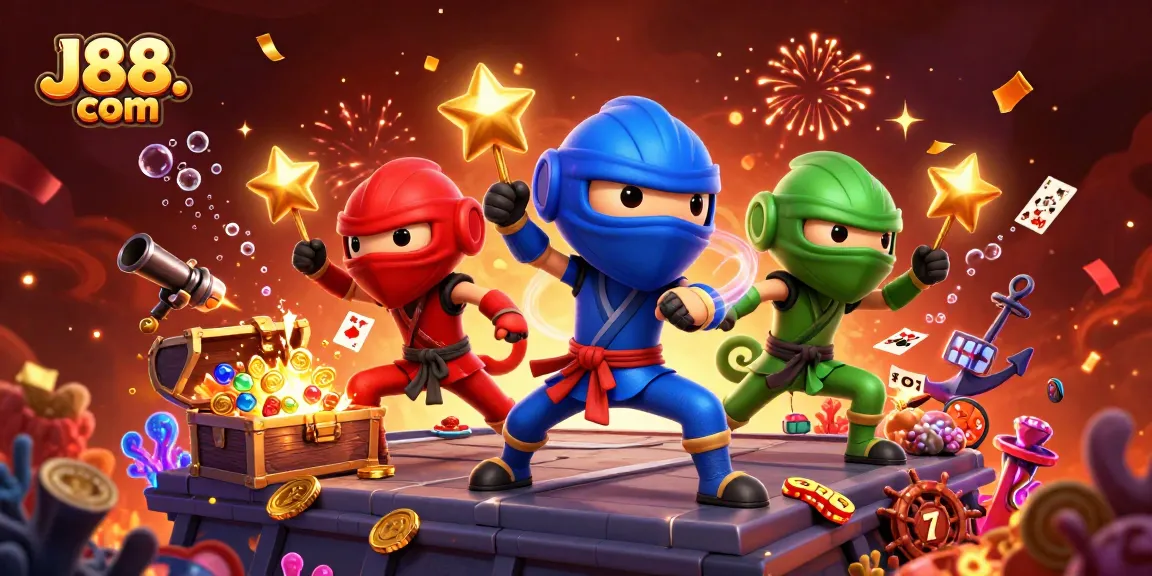 Engage with J88. com's vibrant casino illustration featuring colorful chameleon ninjas amidst treasure and festive elements.