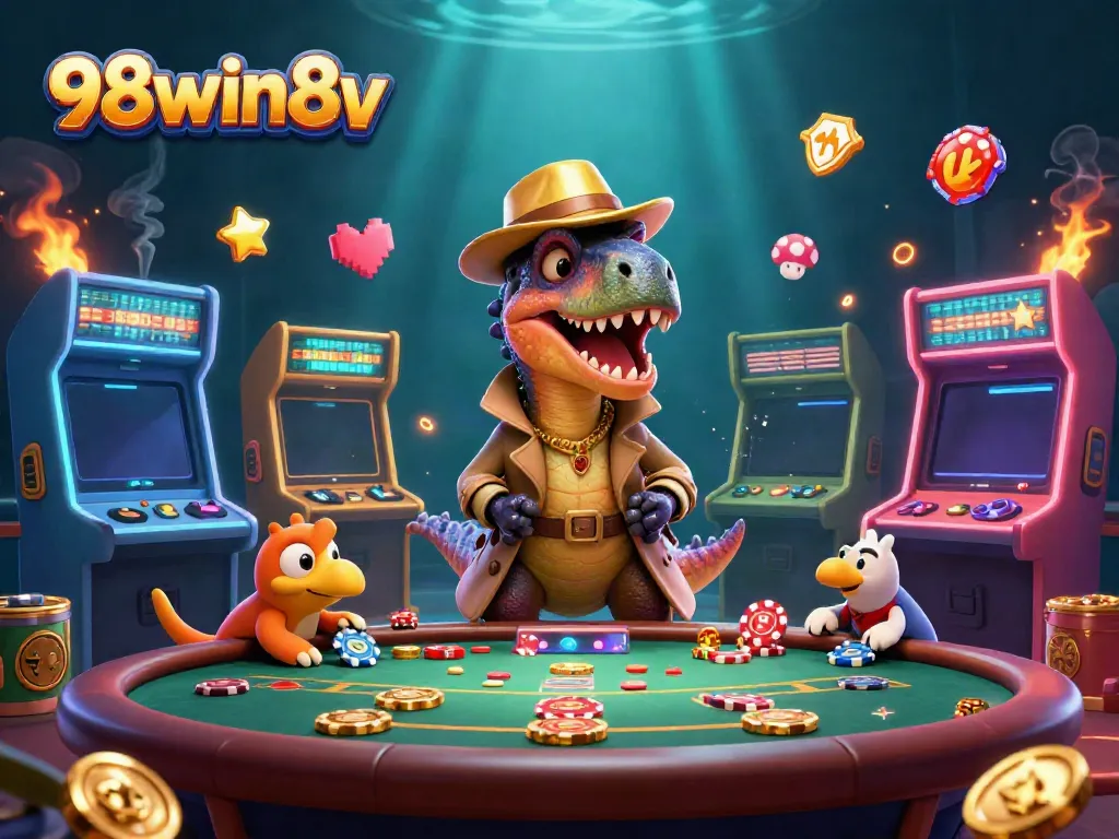 Engage with the exciting world of 98win8v featuring a velociraptor disguised at a blackjack table amidst vibrant casino elements.
