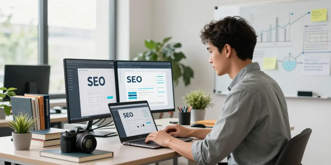 SEO-expert analyseert websiteprestaties in een moderne kantooromgeving met natuurlijk licht.
