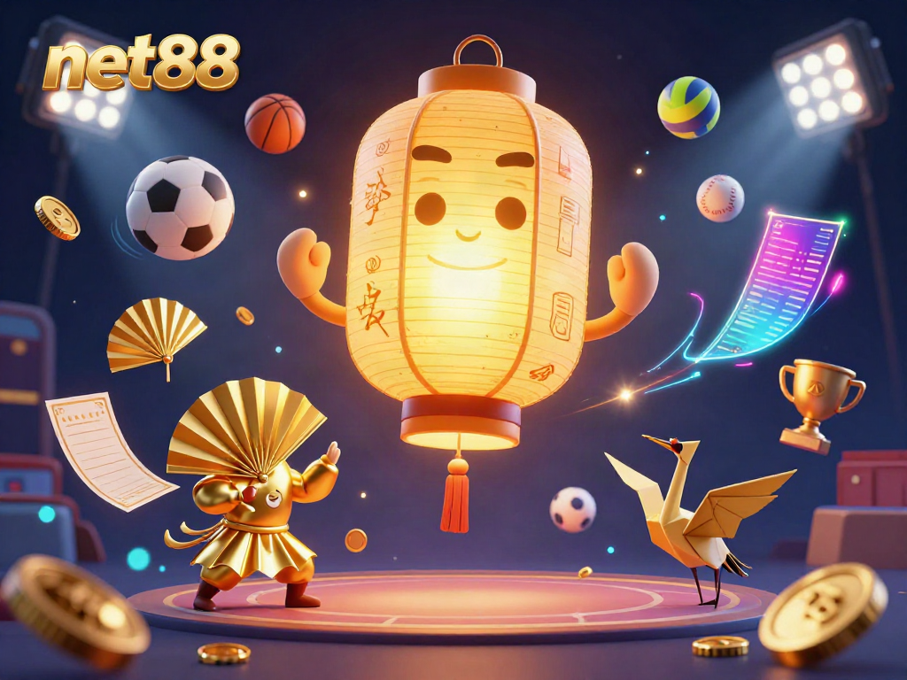 Experience the excitement of net88 with a dynamic casino-themed illustration, featuring a glowing lantern spirit and sports elements.