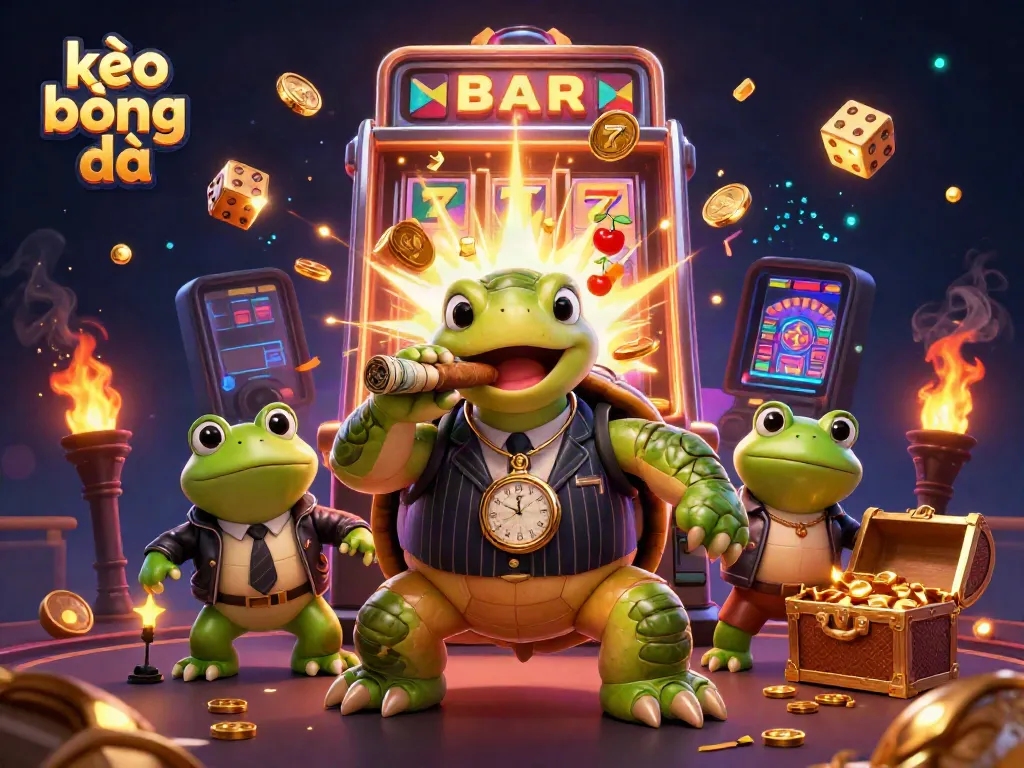 Experience kèo bóng đá excitement with a 3D illustration featuring a snapping turtle, bullfrog enforcers, and casino elements.
