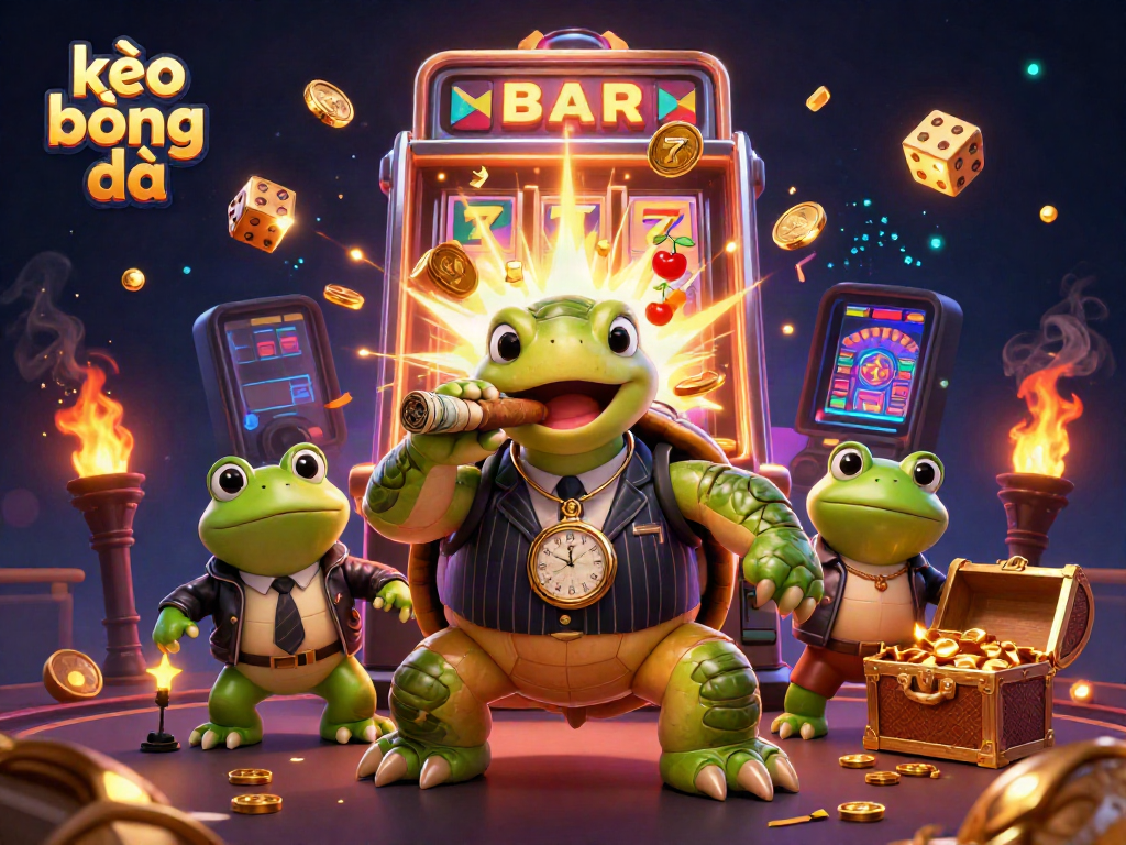 Experience kèo bóng đá excitement with a 3D illustration featuring a snapping turtle, bullfrog enforcers, and casino elements.