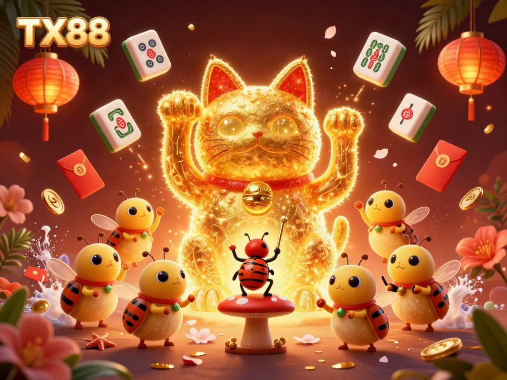 TX88 features a vibrant 3D scene with a lucky cat formed by golden fireflies, embodying casino excitement.