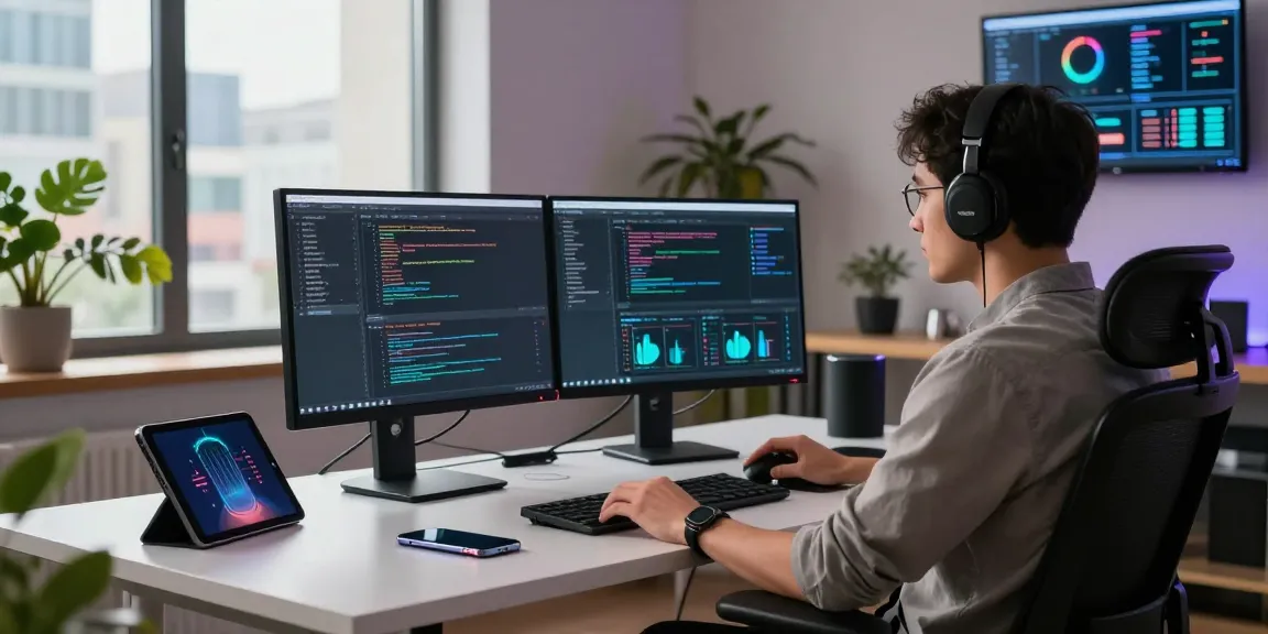 快连 software developer at a high-tech workspace coding on dual monitors with digital tools.