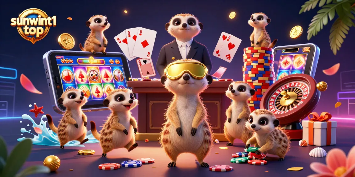 Experience the dynamic world of sunwint1 top casino with meerkats managing a lively gaming operation.