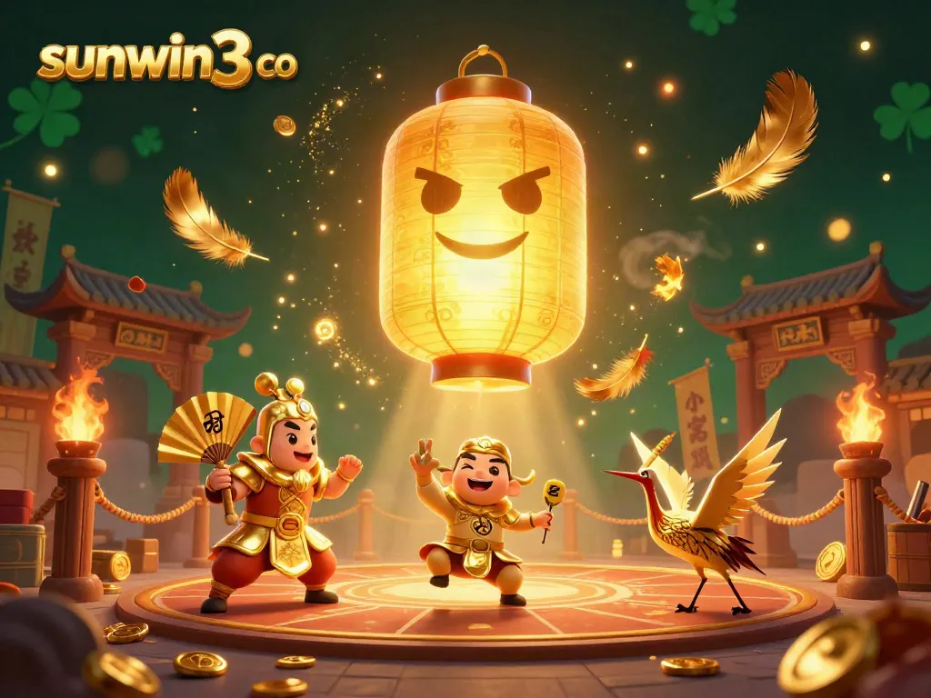 Experience the vibrant world of sunwin3 co with golden lantern spirit and warriors at an Asian-themed casino.