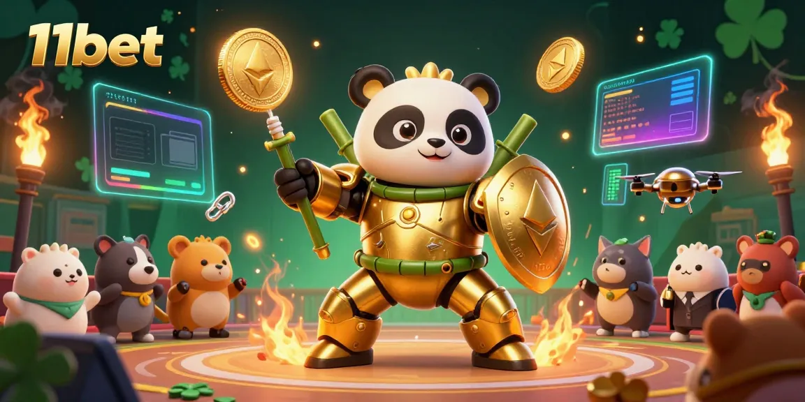 Experience thrilling gameplay at 11bet with a vibrant 3D illustration of a golden panda robot among digital casino elements.