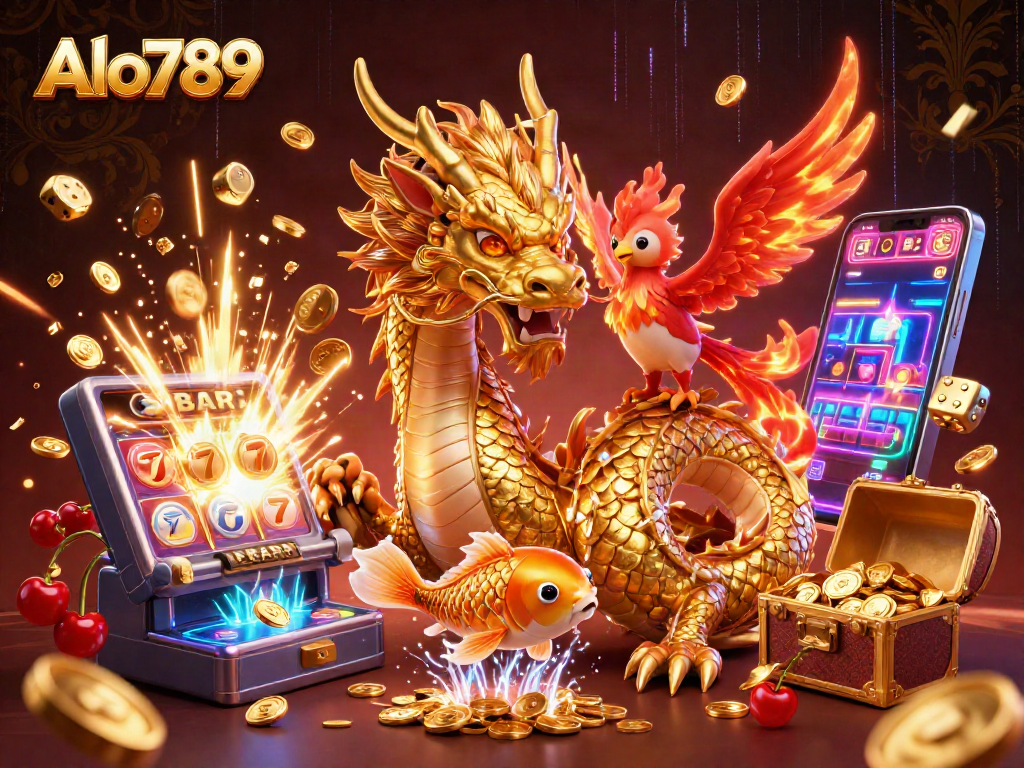Alo789 showcases an electrifying casino scene featuring a dragon, phoenix, and koi fish amidst gaming elements.
