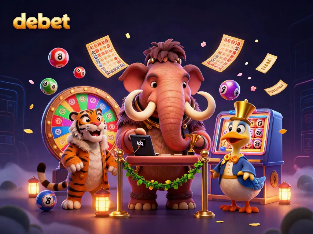 Engage with debet's vibrant gambling scene featuring interactive characters and lively lottery elements.