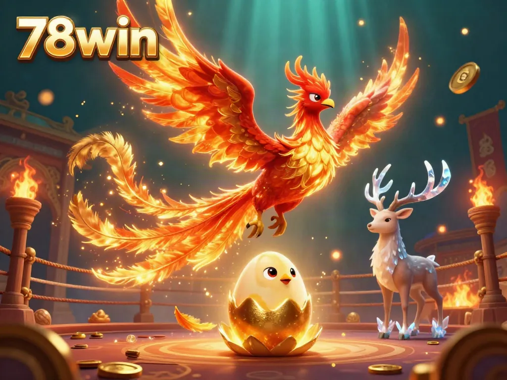Experience the vibrant world of 78win with a fire phoenix soaring over golden coins in a casino-themed illustration.