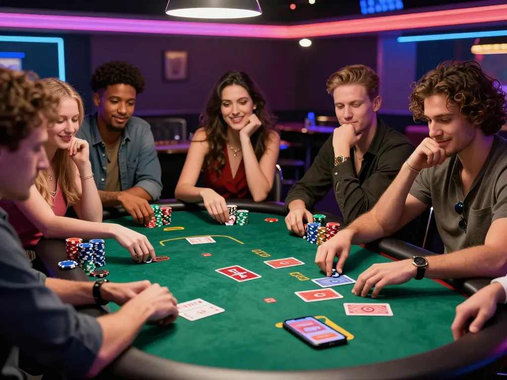 Engaged players enjoying Đăng ký Topbet in a lively casino setting at a poker table.
