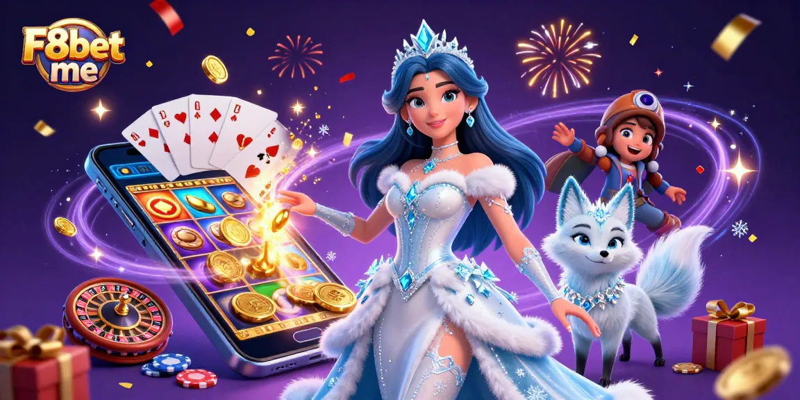 Experience the thrill of F8bet me with a dazzling 3D casino scene featuring the ice queen and her fox companion.