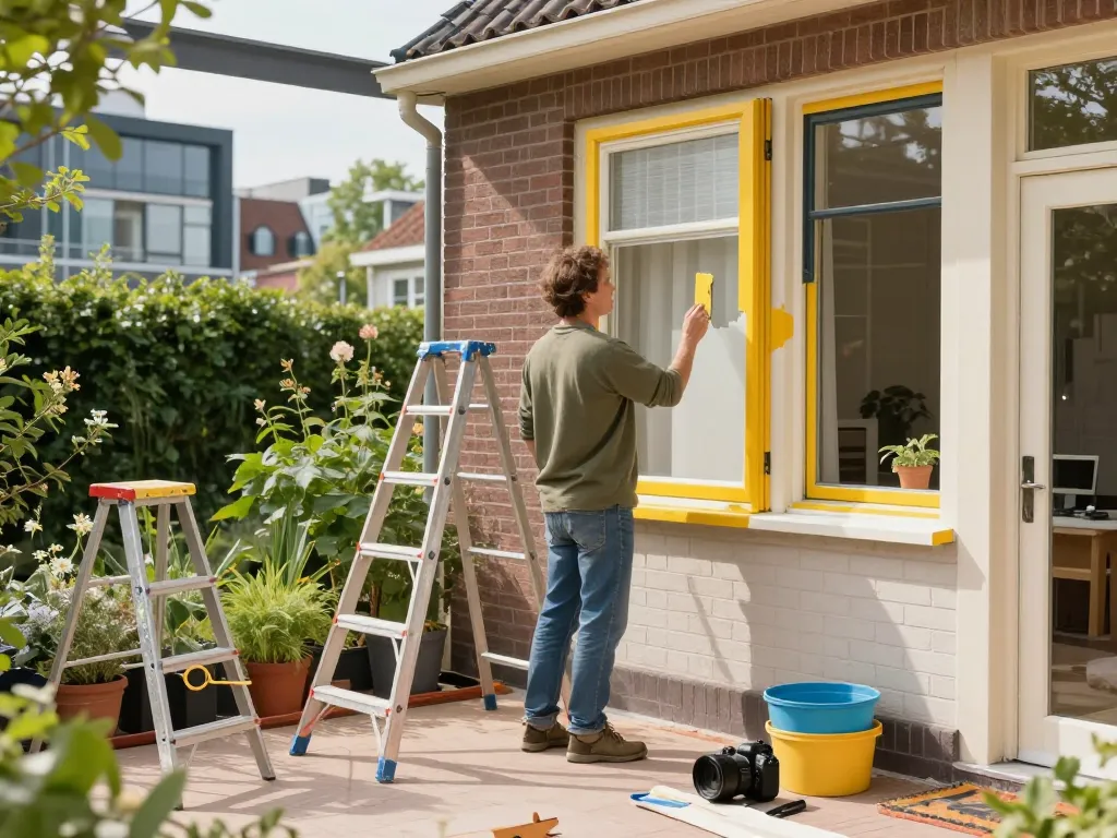 Huiseigenaar schildert raamkozijnen voor verbouwing en verhuizing Utrecht in felle kleuren in een tuin.