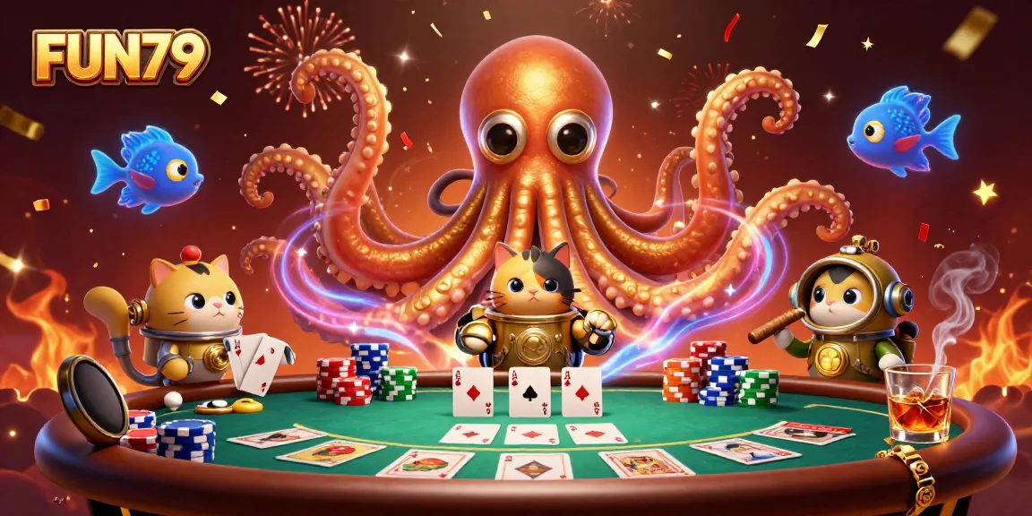 Experience FUN79 with an exciting 3D scene featuring a kraken and a diving cat amidst poker action.