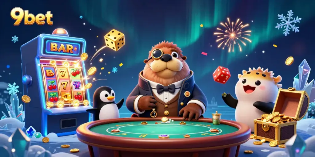 Engage in thrilling games at 9bet with an underwater poker showdown featuring vibrant casino elements.