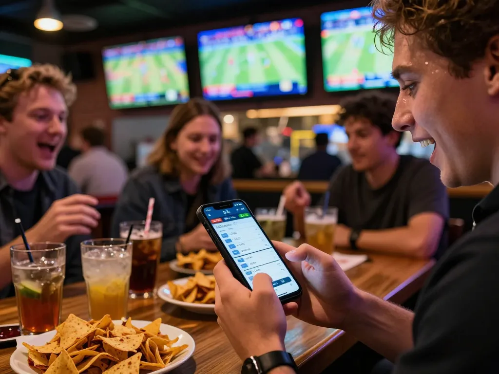 rik88 user placing strategic bets during an electrifying sports event in a lively bar