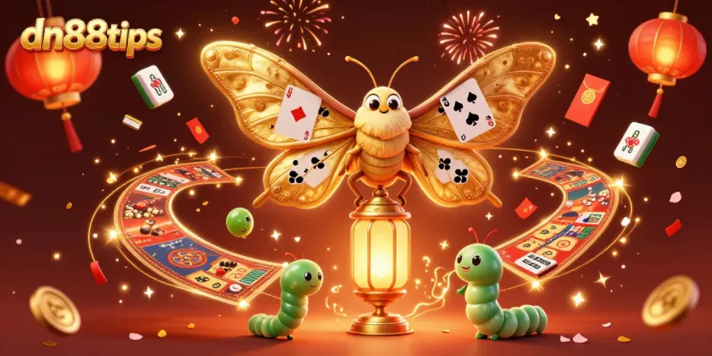 Win big with dn88tips at a vibrant Asian casino featuring stunning 3D moth and golden elements.