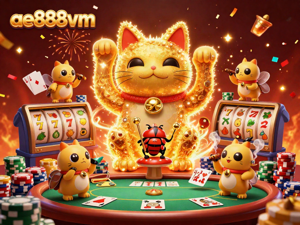 Spin to win with ae888vm in a vibrant casino scene filled with lucky symbols and characters.
