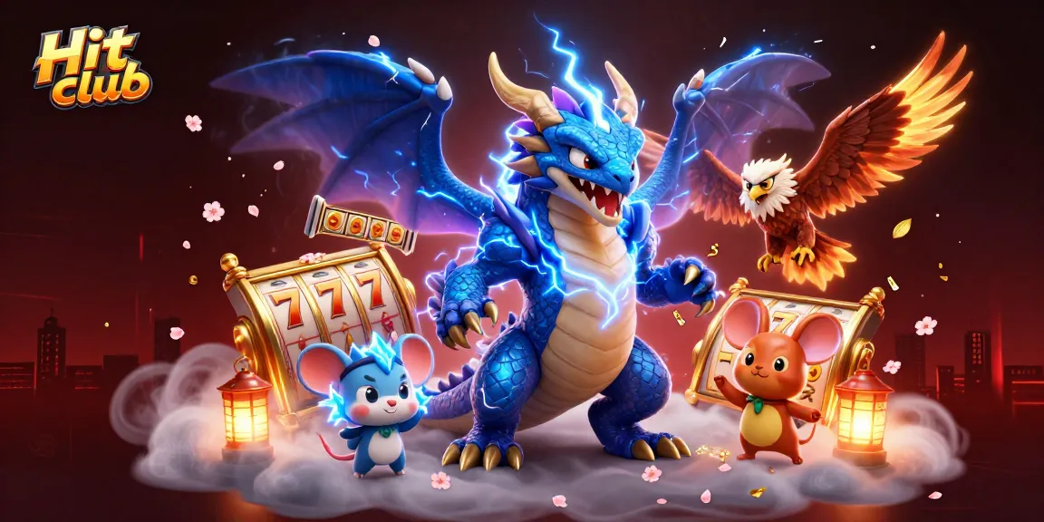 Hit club showcases thrilling slot games with electrifying characters and vibrant casino elements in a dynamic scene.