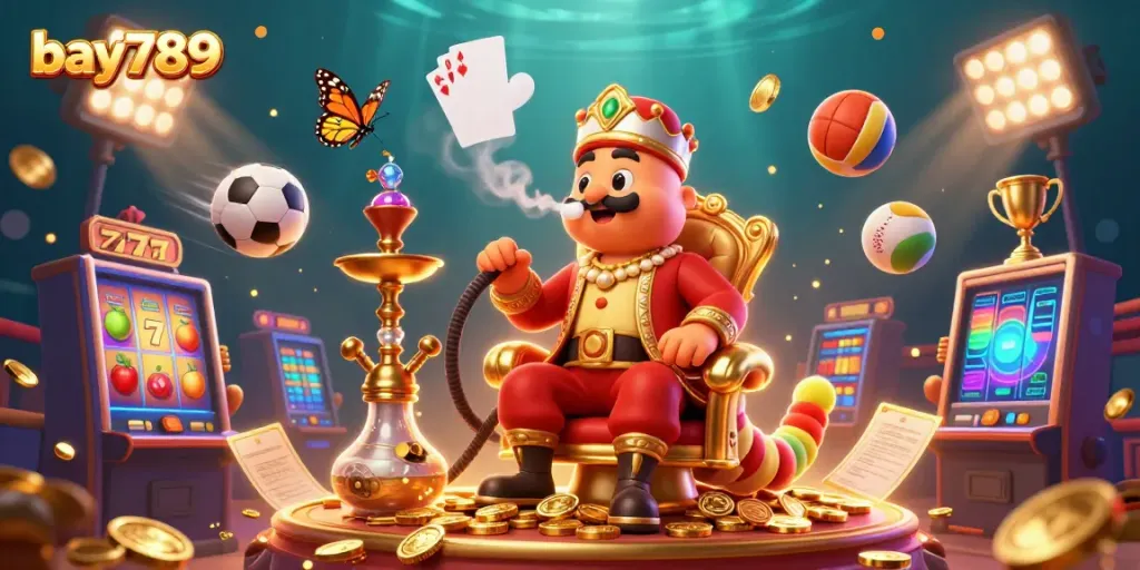 Experience bay789 with vibrant slot symbols and a charismatic caterpillar master in a rich gaming scene.