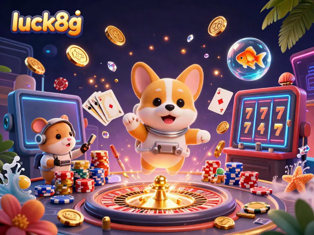 Experience the excitement of luck8g's casino in zero gravity with playful characters and dynamic gaming elements.