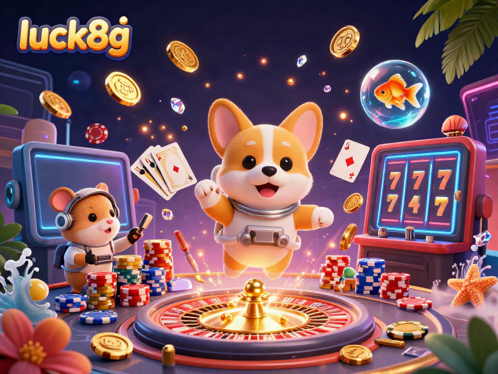 Experience the excitement of luck8g's casino in zero gravity with playful characters and dynamic gaming elements.