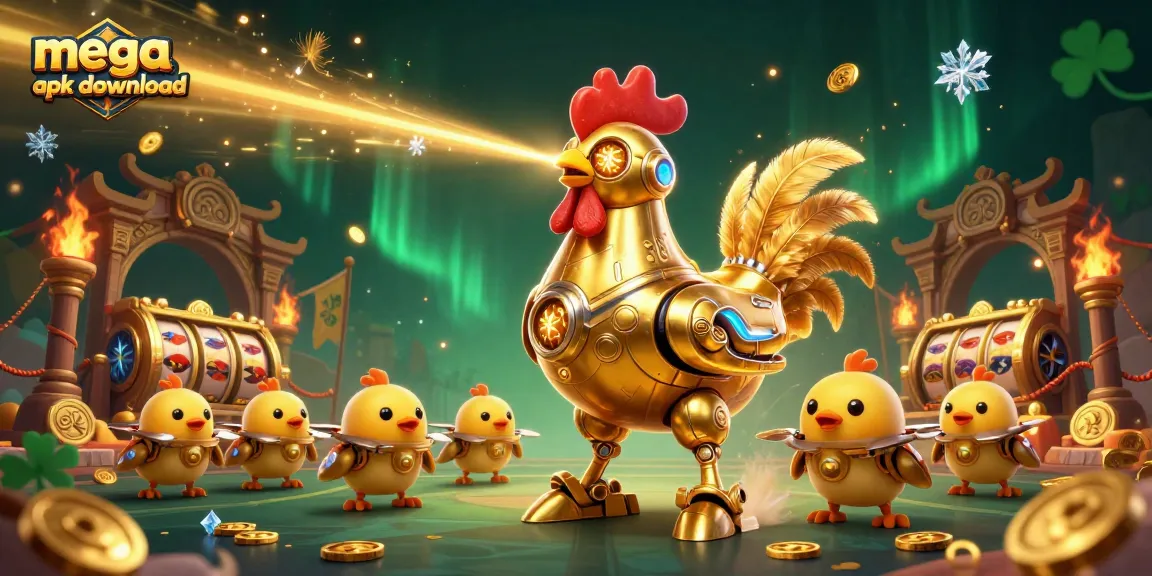 Experience thrilling gameplay with mega apk download in a vibrant 3D casino scene featuring the golden rooster robot.
