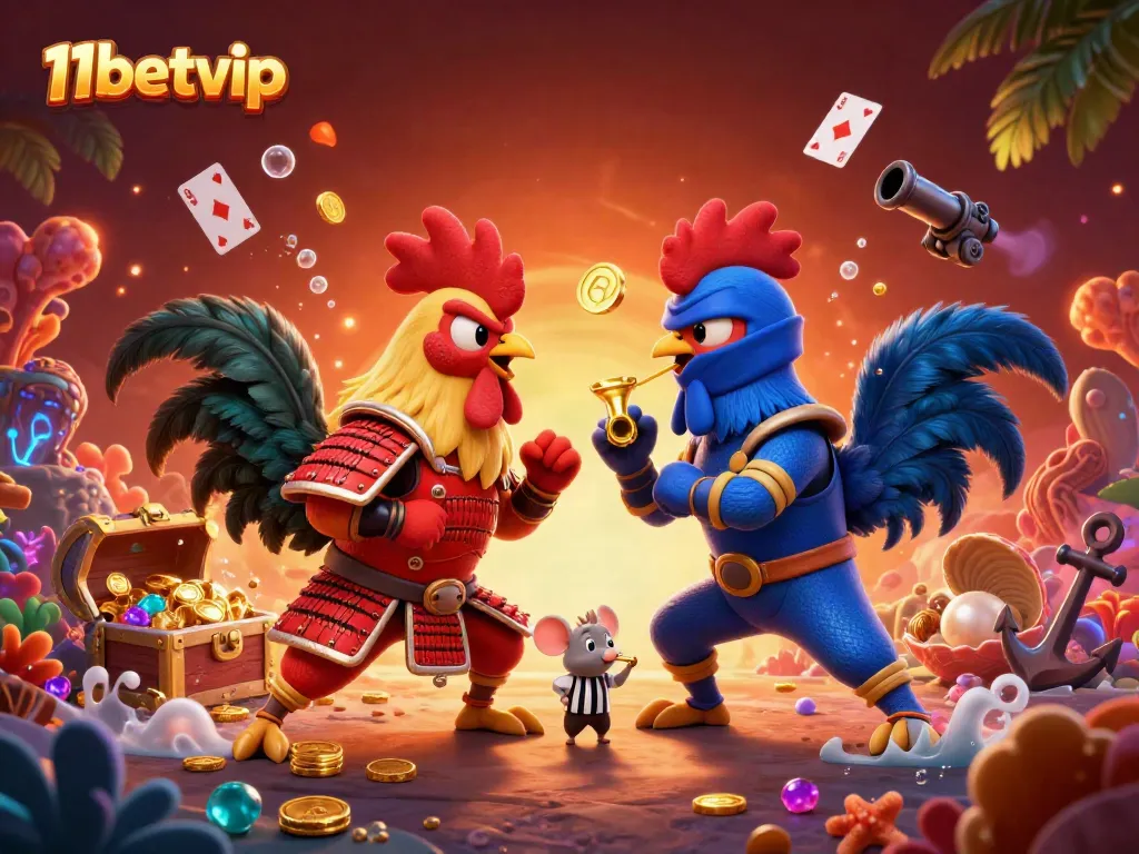 Experience vibrant gaming action with 11betvip, showcasing dual roosters in a dynamic showdown amidst aquatic treasures and casino elements.