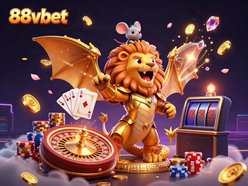 Experience the excitement of 88vbet with a cartoon chimera and vibrant casino elements.