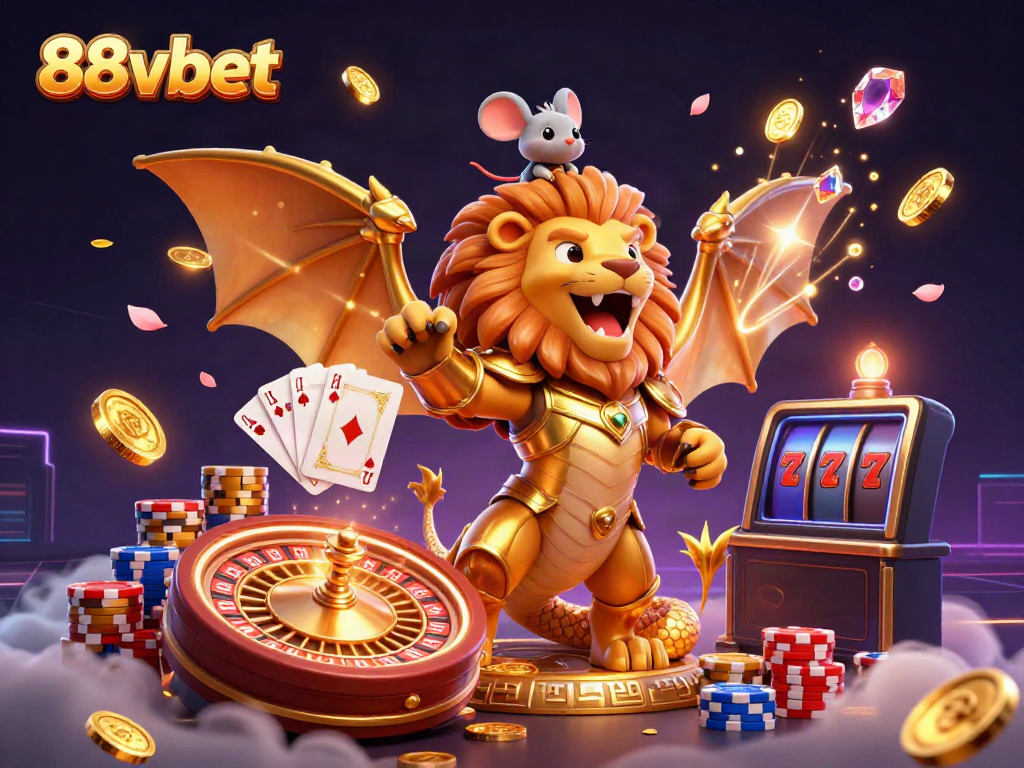 Experience the excitement of 88vbet with a cartoon chimera and vibrant casino elements.