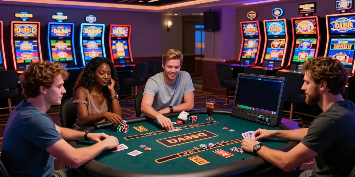 Experience the thrill of online gaming at DA88, showcasing vibrant slots and live dealers in a dynamic gaming lounge.