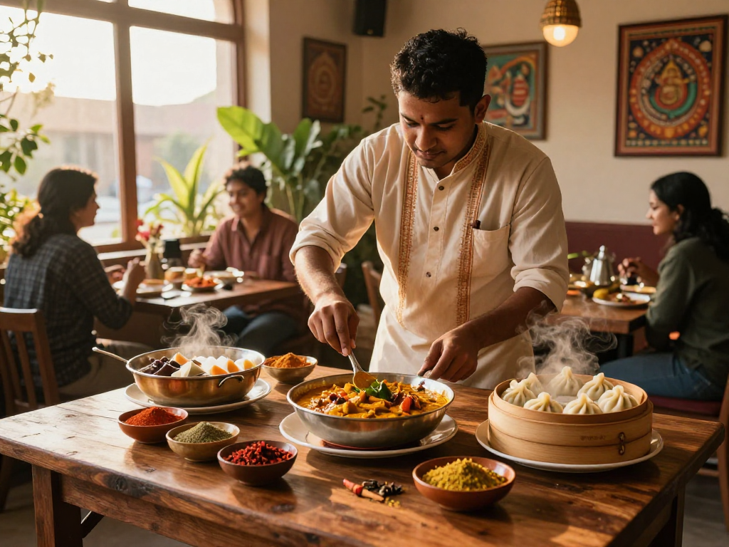 Indulge in authentic rokok88 Indian curry and Nepali momo experience in a vibrant restaurant atmosphere.