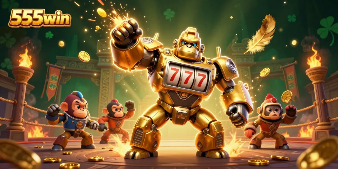 Spin to win with 555win's vibrant action-packed 3D casino illustration featuring a golden gorilla mech.