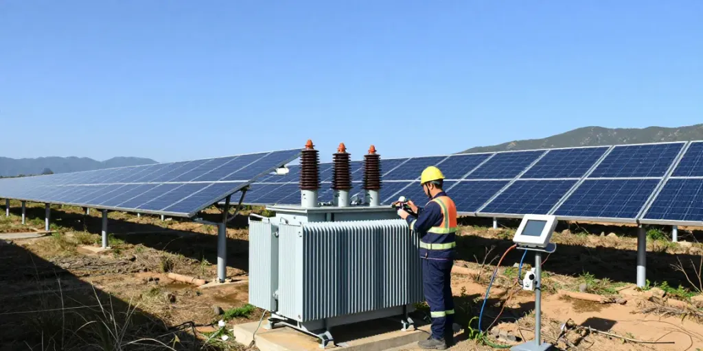 Technicus inspecteert transformer voor zonne-energie-installatie met zonnepanelen op achtergrond.