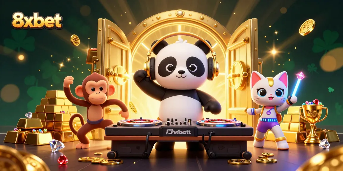 Experience excitement at 8xbet with DJ panda and friends celebrating in a vibrant casino scene full of treasures.