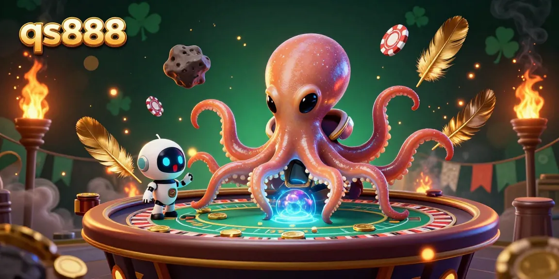 Engaging illustration of the qs888 poker scene with an alien octopus and robotic companion at a holographic table amidst casino elements.