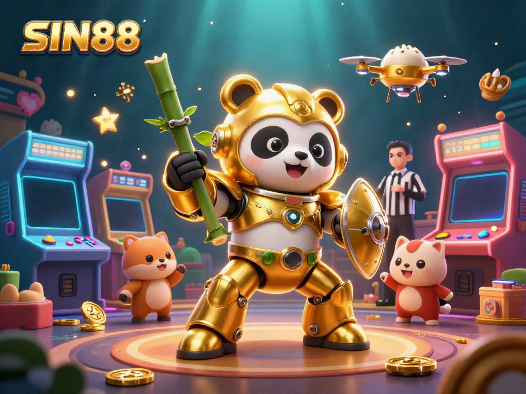 SIN88 showcases an energetic scene of a golden panda piloting a robot in a vibrant gaming arena.