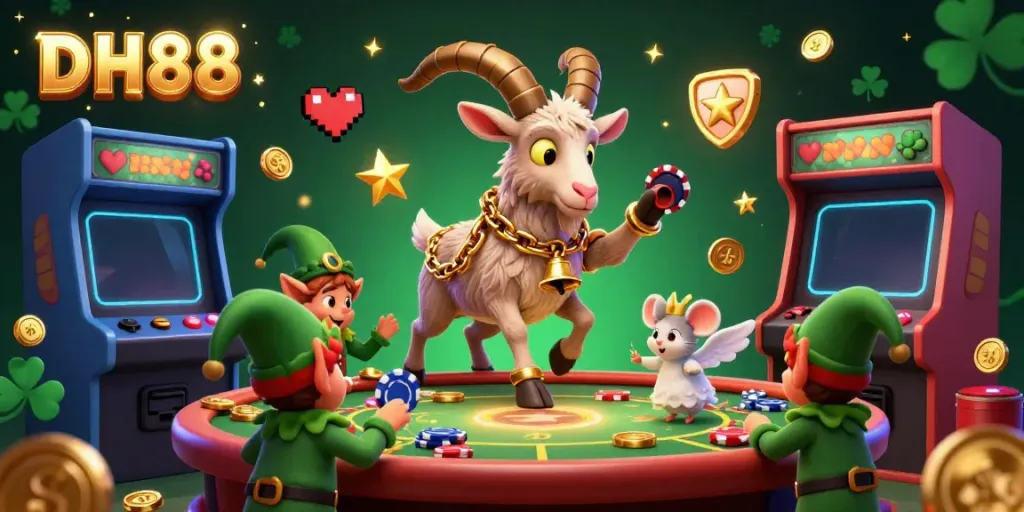 Experience the thrills of DH88 casino with festive characters amidst vibrant gaming elements.