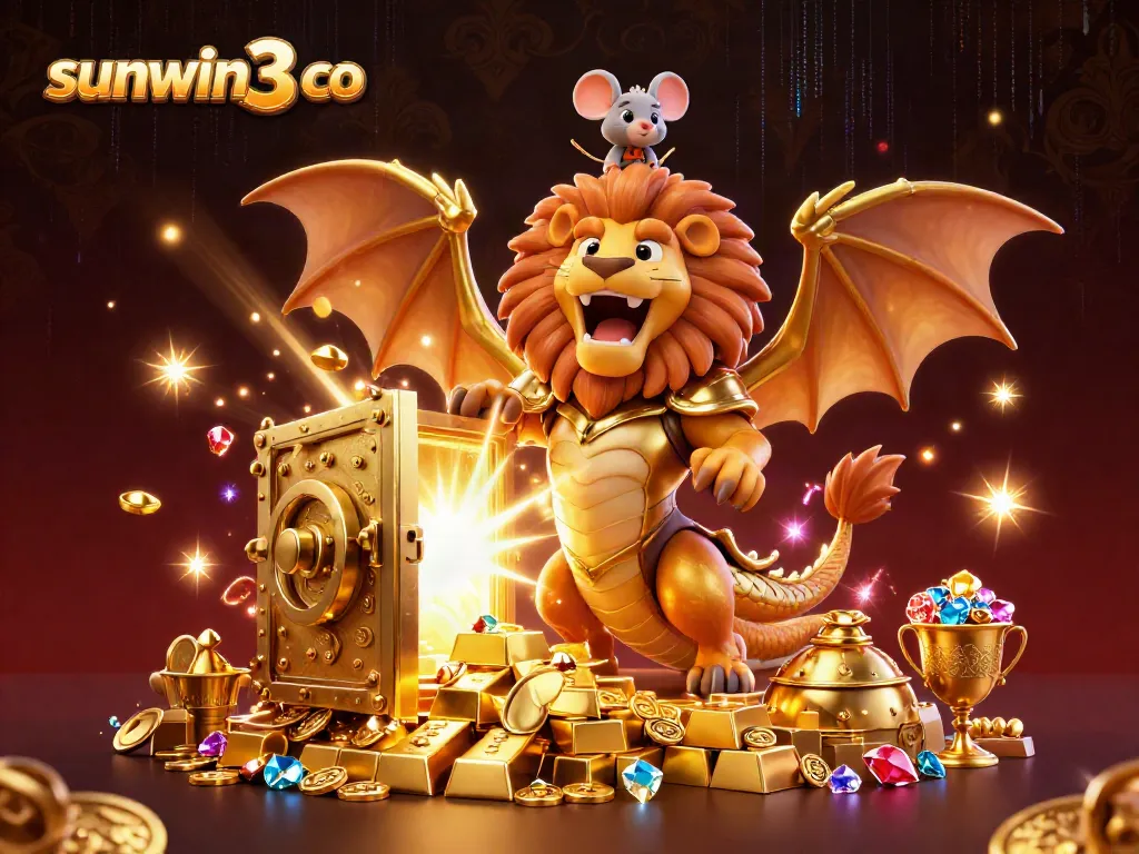 Sunwin3 co showcases a dynamic 3D casino scene with a triumphant chimera and treasure elements.