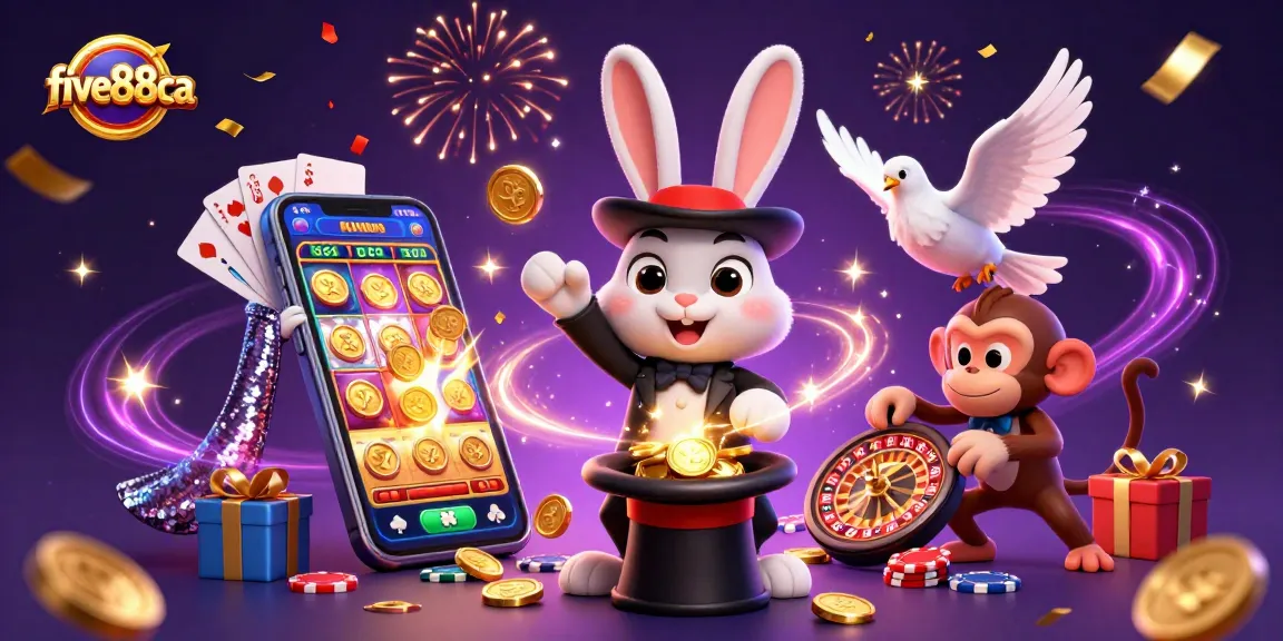 Experience thrilling magic at five88ca with a rabbit pulling coins and a dove in a dazzling casino scene.