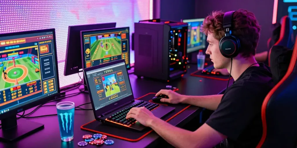 Exciting gaming environment with player using laptop at https://playsv88.net/ surrounded by gaming equipment.