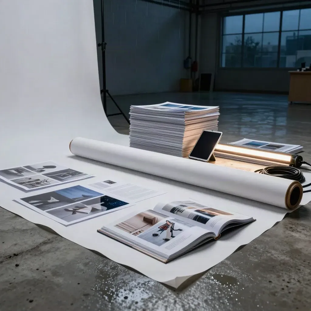 Industriële studio met backdrop, proofprints, storyboard en lichtbalk in mistig blauw uur.