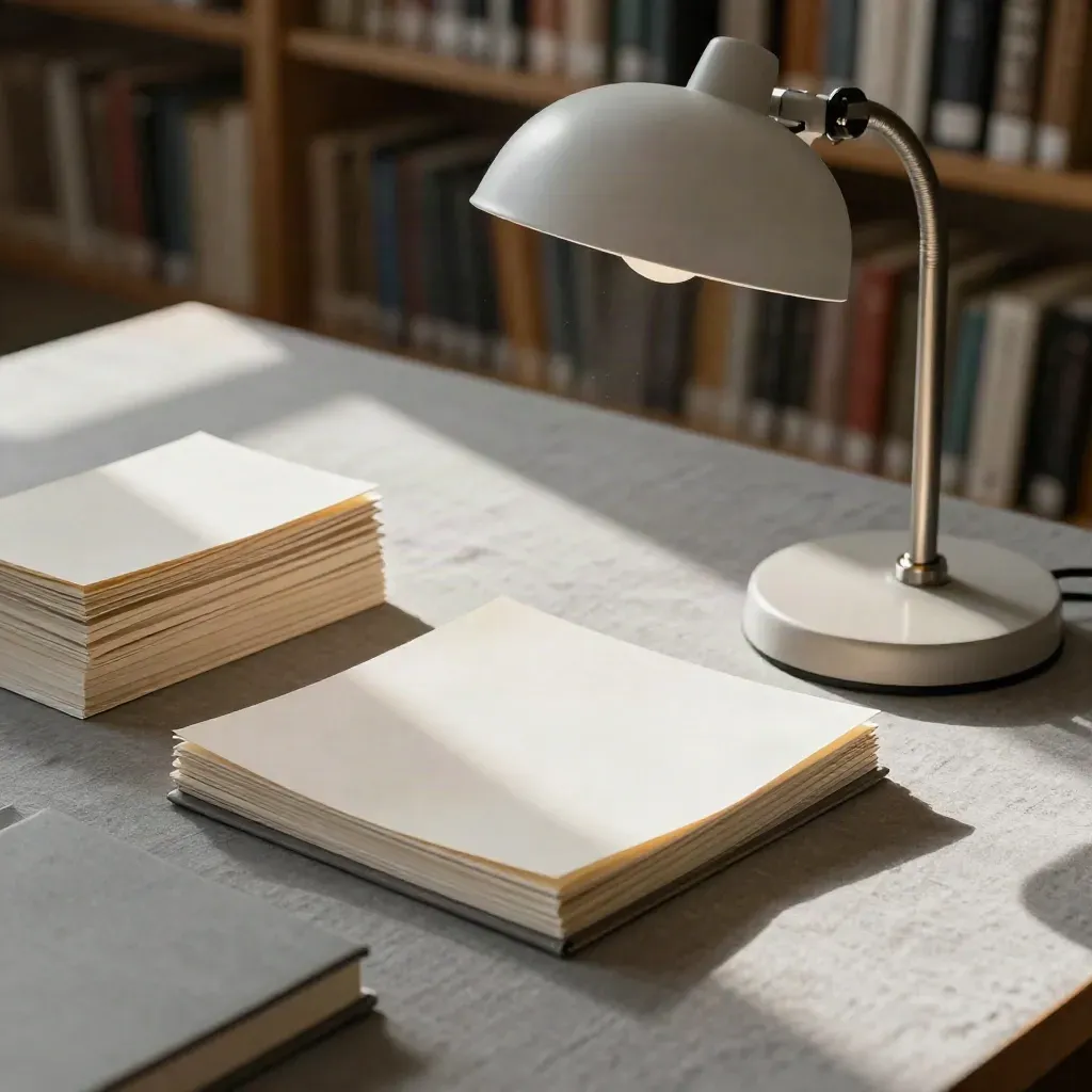 Rustige SEO-werkhoek in een bibliotheek, met notitieboeken, kaartjes en proefvellen in zonlicht.