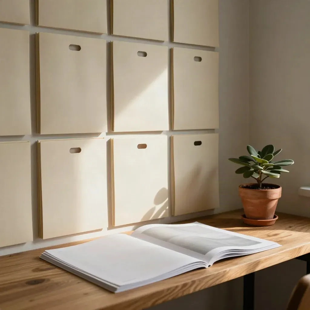 Rustige studiohoek met crèmekleurige mappen, papieren mock-ups en een kleine plant in warm middaglicht.