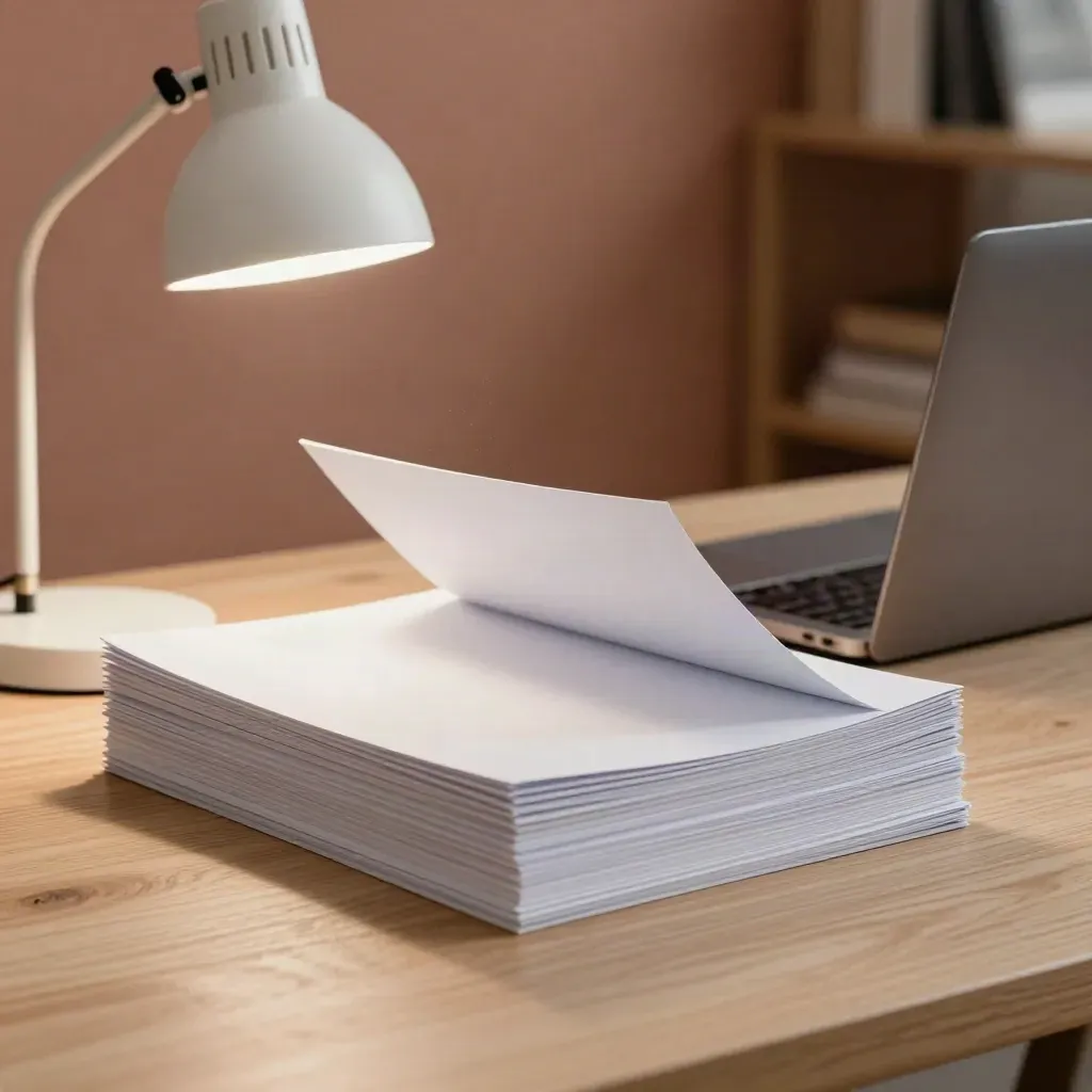 Planningstafel met gesloten laptop, papierstapels, twee mappen en een lamp in zacht licht.