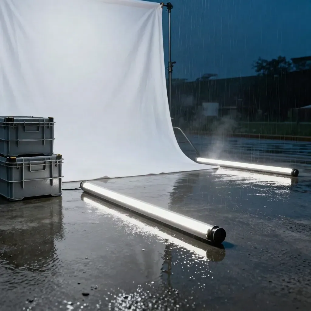 Nat betonnen plein met lichtbalken, kratten en witte diffusiedoek in regenmist.