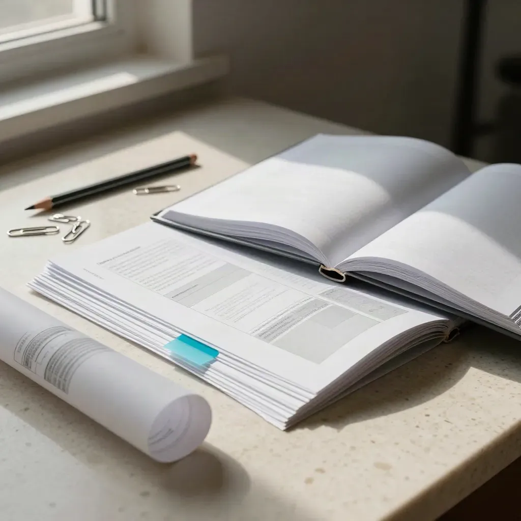 Lay-outtafel met proefstroken, potlood, paperclips en open dummyboek in koel raamlicht.