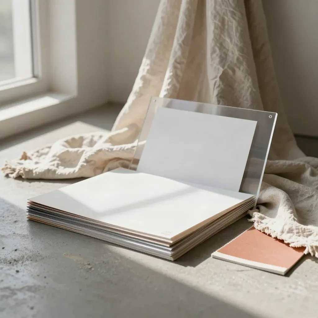 Daglichtstudio met linnen doek, materiaalstalen en blanco prints op beton.